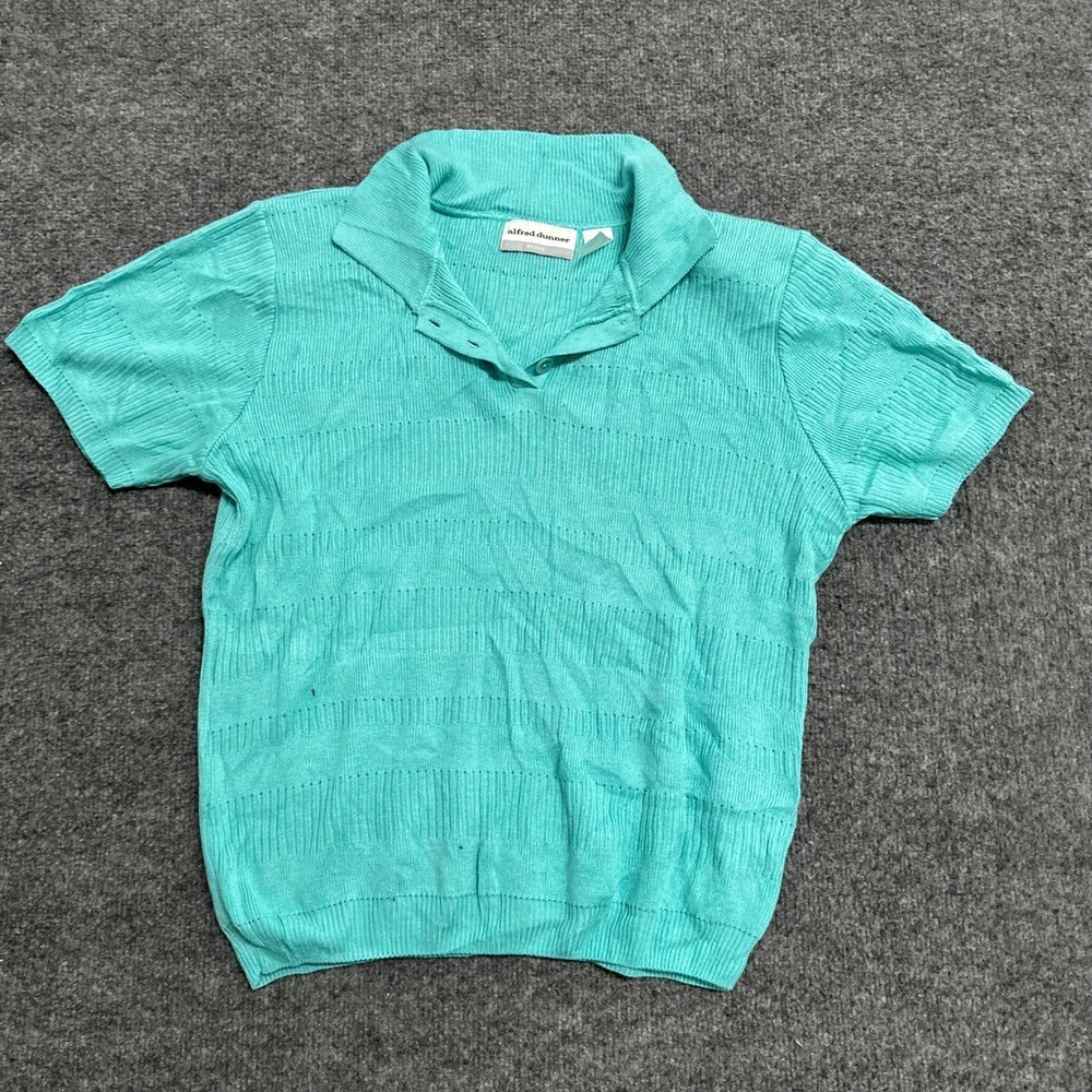 Alfred Dunner Knit Top Womens Size PM Teal Pointelle Polo Short Sleeve USA Made